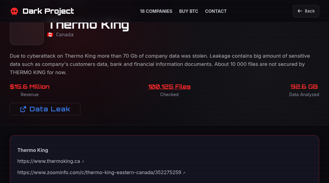 Leak screenshot for Thermo King Eastern Canada