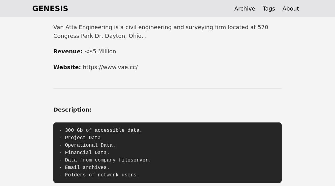 Leak screenshot for Van Atta Engineering