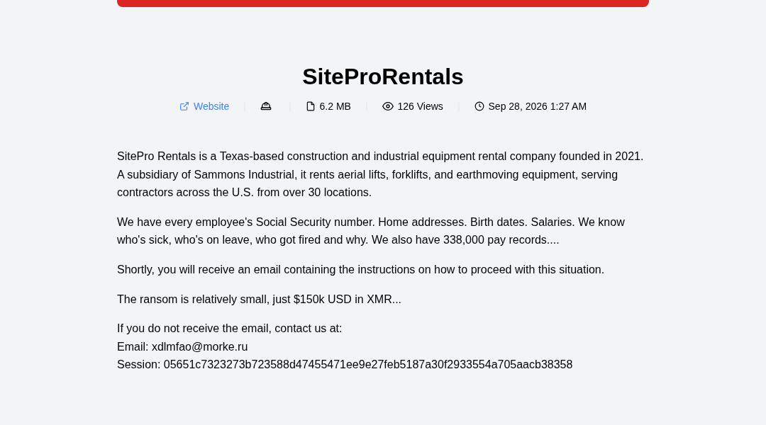 Leak screenshot for SitePro Rentals
