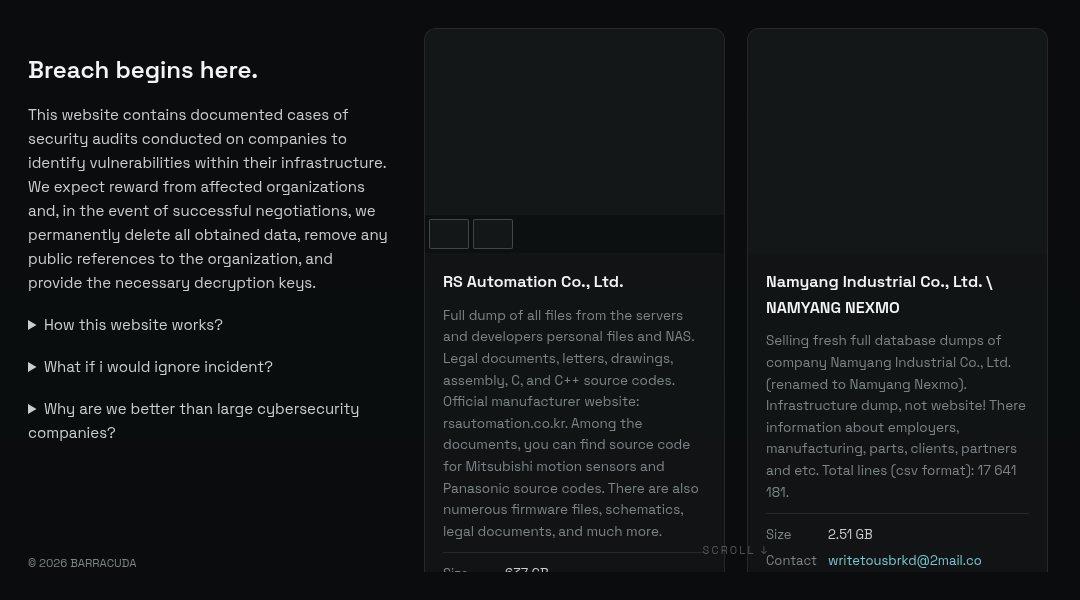 Leak screenshot for Namyang Industrial Co., Ltd. (Namyang Nexmo)