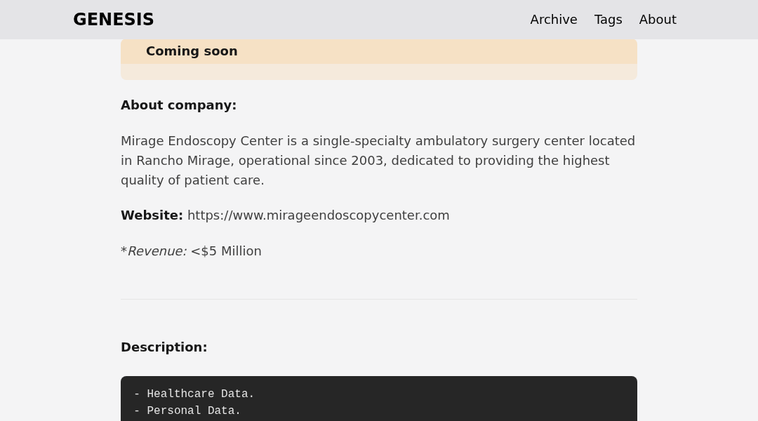 Leak screenshot for Mirage Endoscopy Center