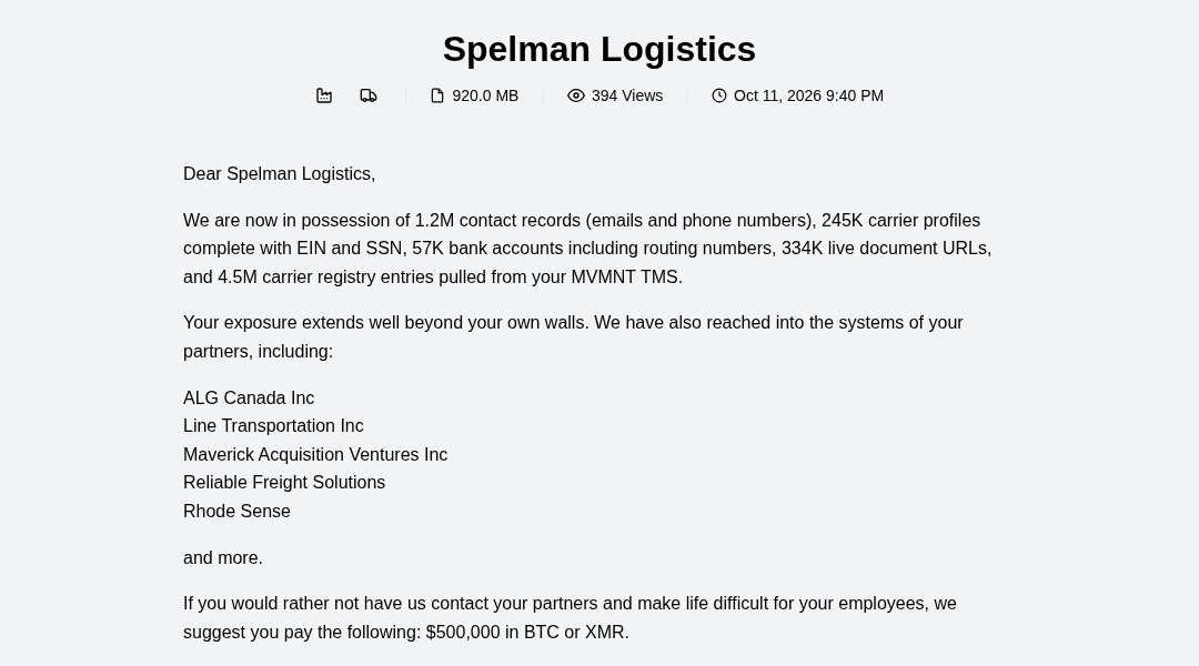 Leak screenshot for Reliable Freight Solutions