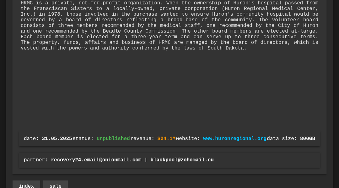 Leak screenshot for Huron Regional Medical Center (HRMC)