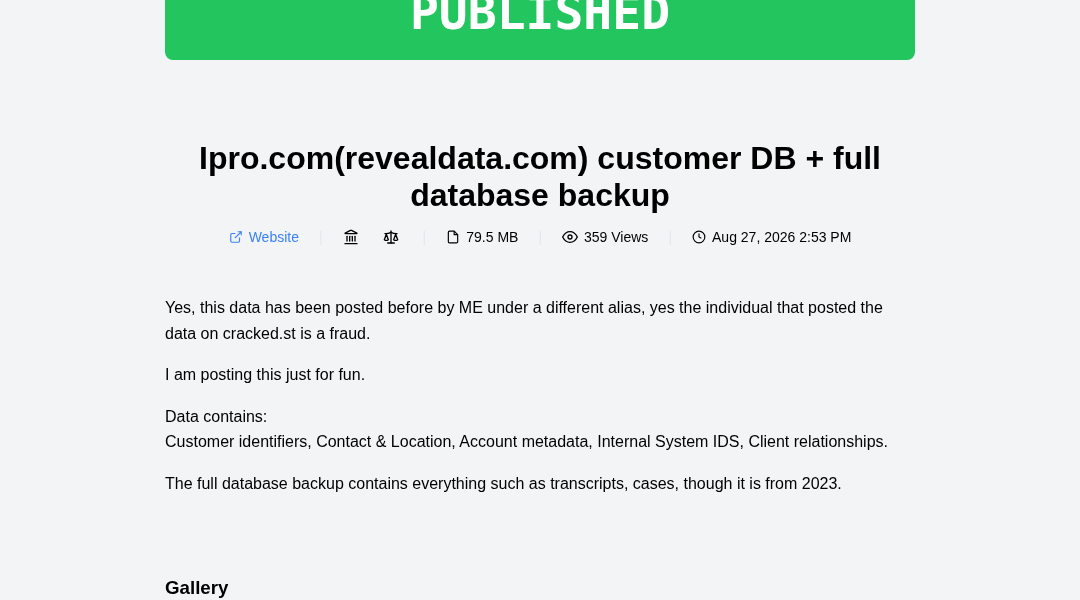 Leak screenshot for Ipro (revealdata.com)