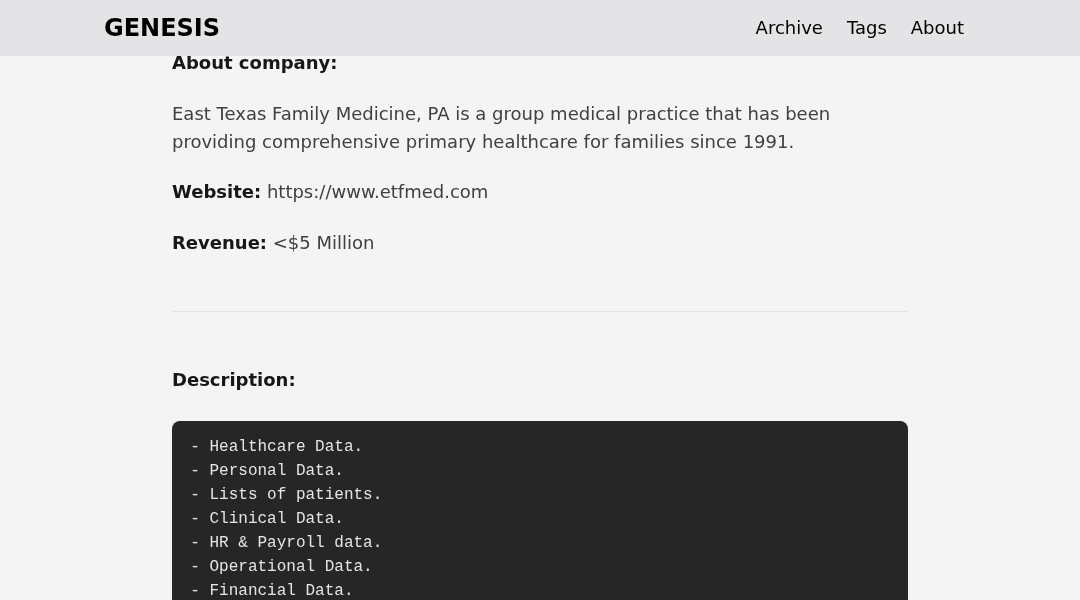 Leak screenshot for East Texas Family Medicine