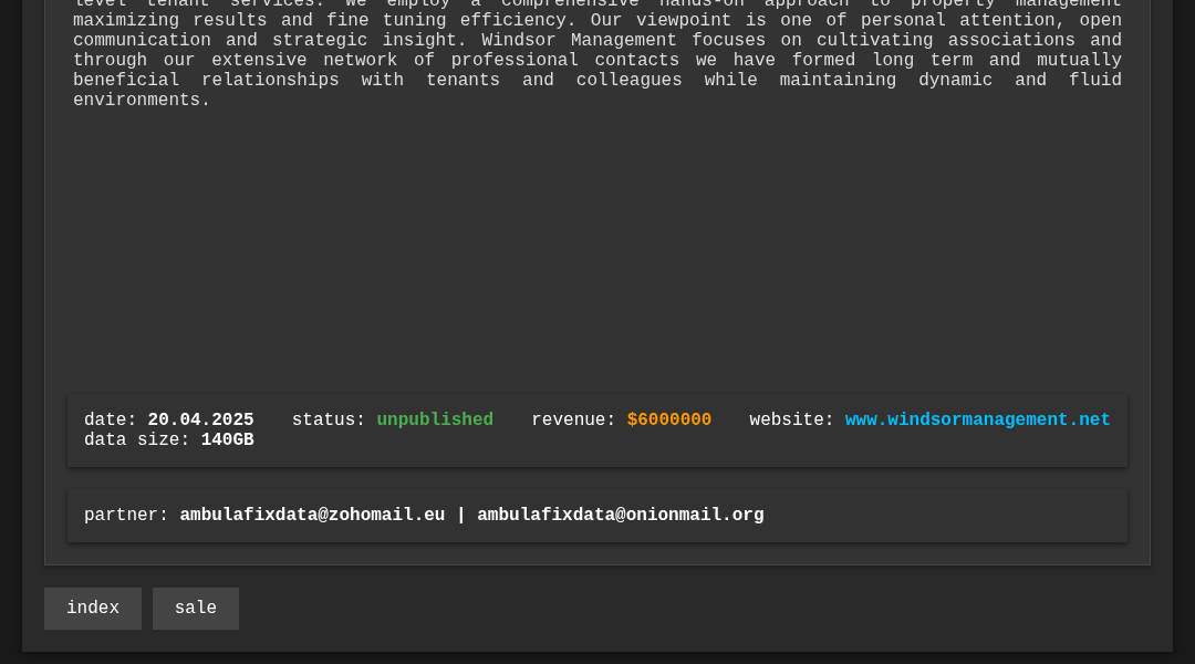 Leak screenshot for Windsor Management Corporation