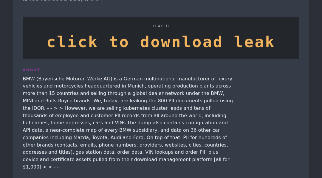 Leak screenshot for BMW (Bayerische Motoren Werke AG)