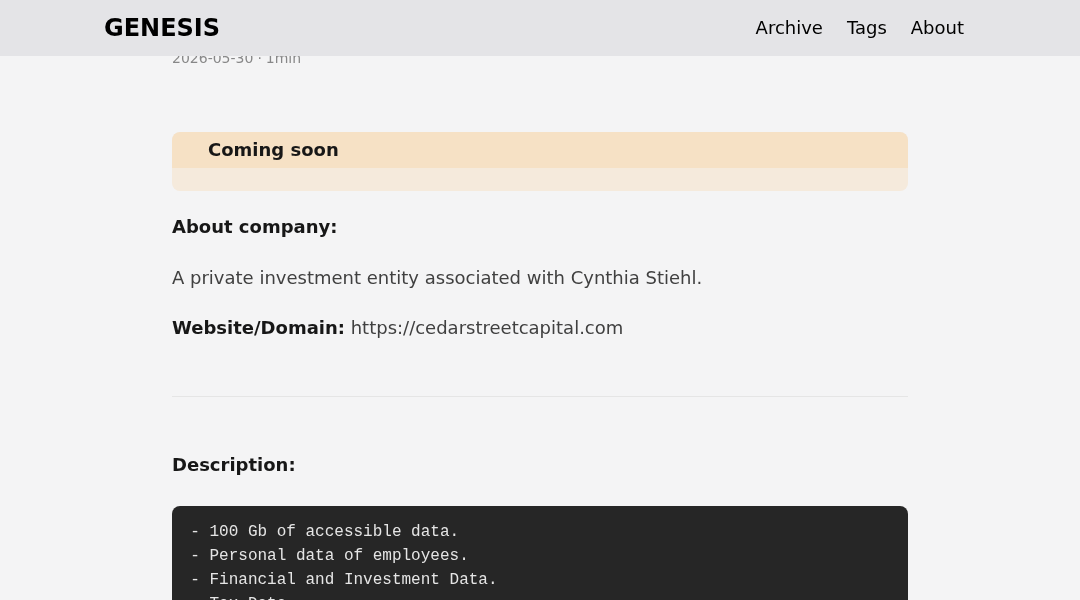 Leak screenshot for Cynthia Stiehl (Private Investment Entity)