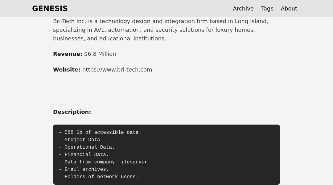 Leak screenshot for Bri-Tech, Inc