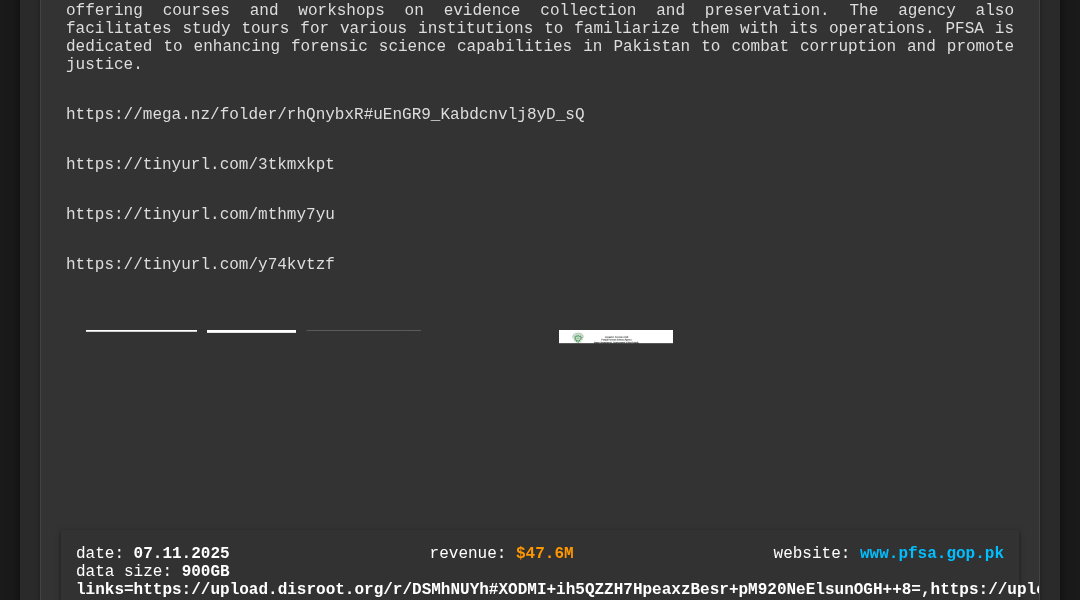 Leak screenshot for Punjab Forensic Science Agency (PFSA)