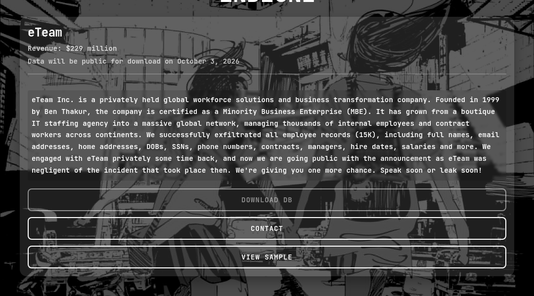 Leak screenshot for eTeam Inc.