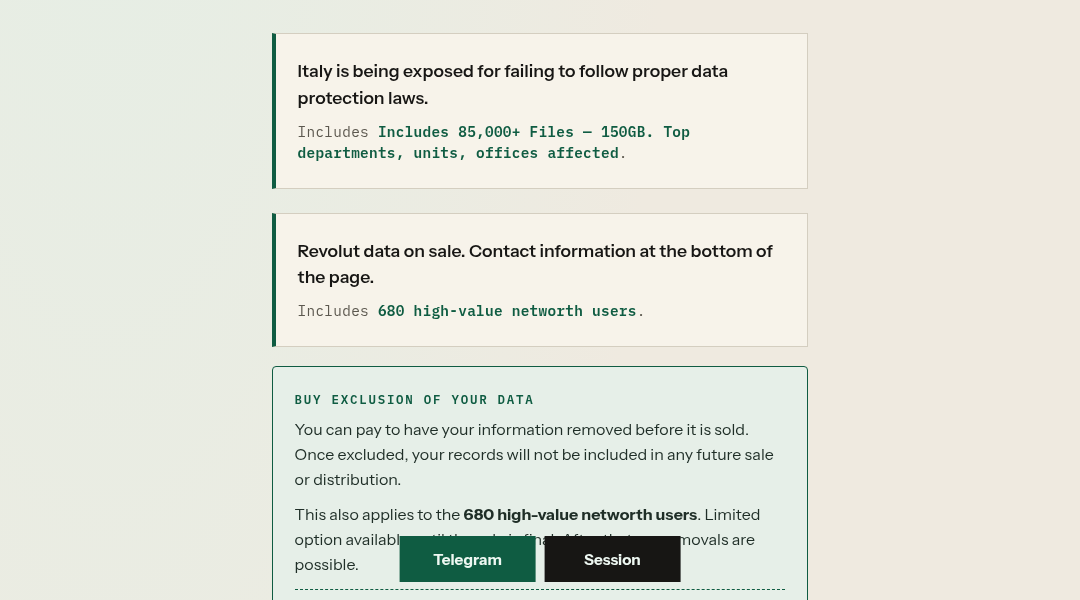Leak screenshot for Italy (Government/Data Protection)