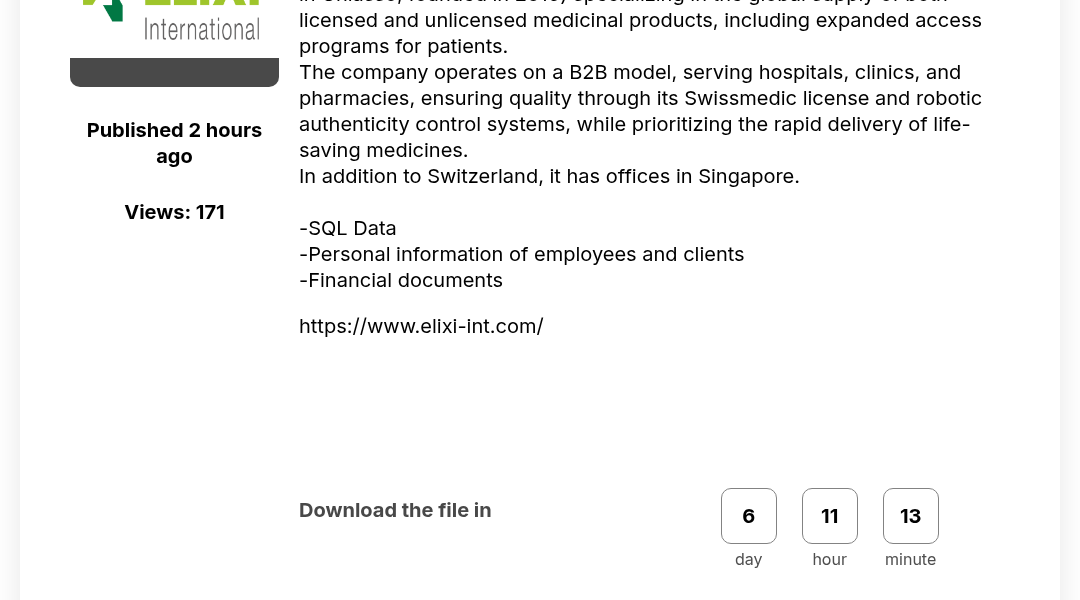 Leak screenshot for Elixi International SA
