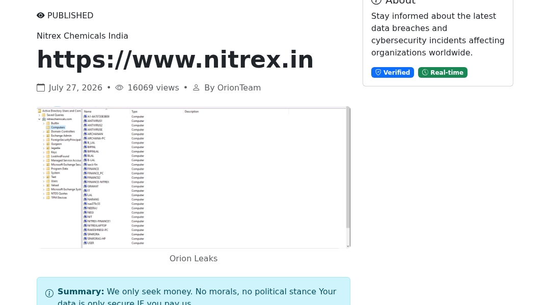 Leak screenshot for Nitrex Chemicals India Ltd.
